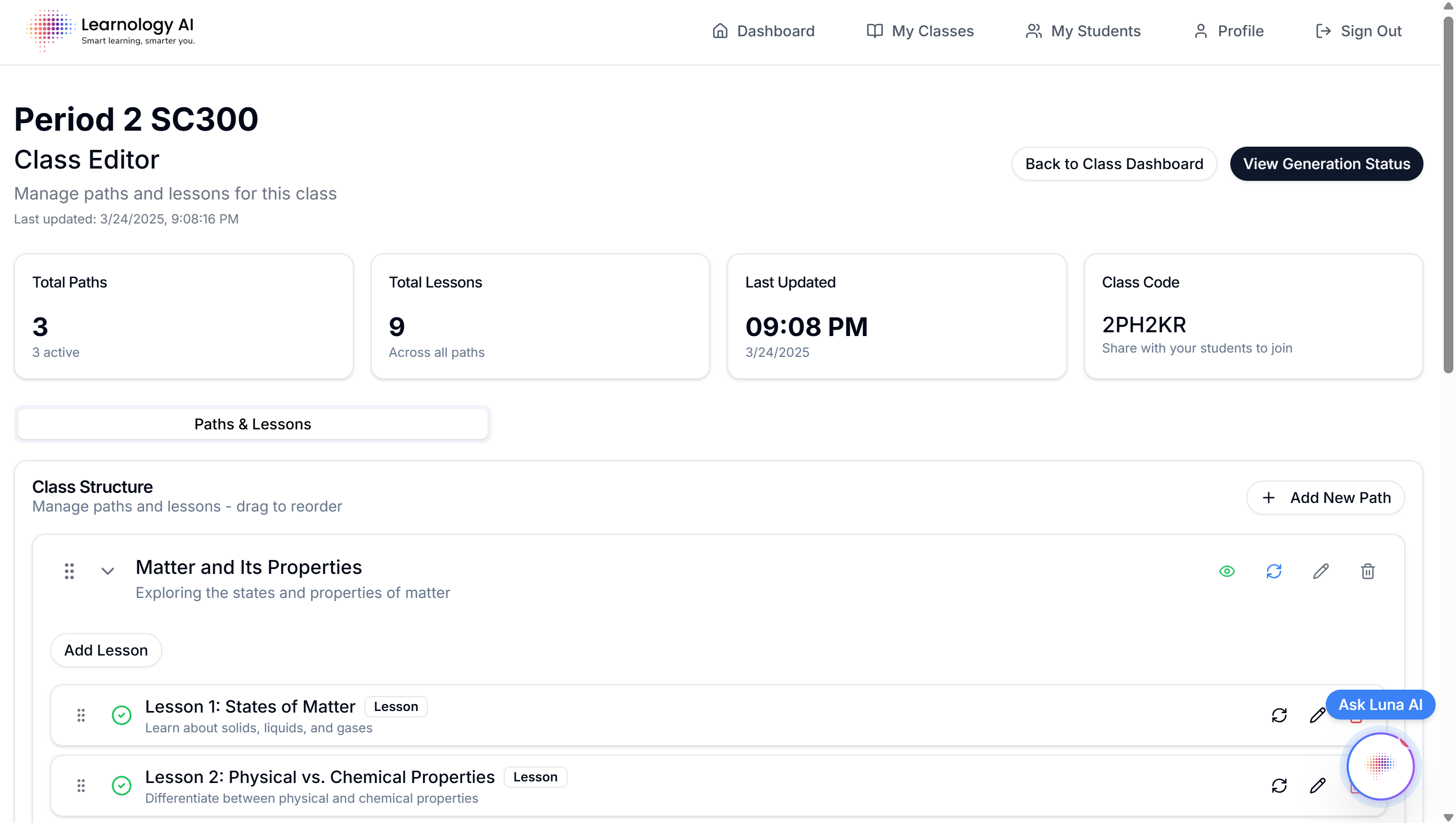 Screenshot of Learnology AI Class Editor