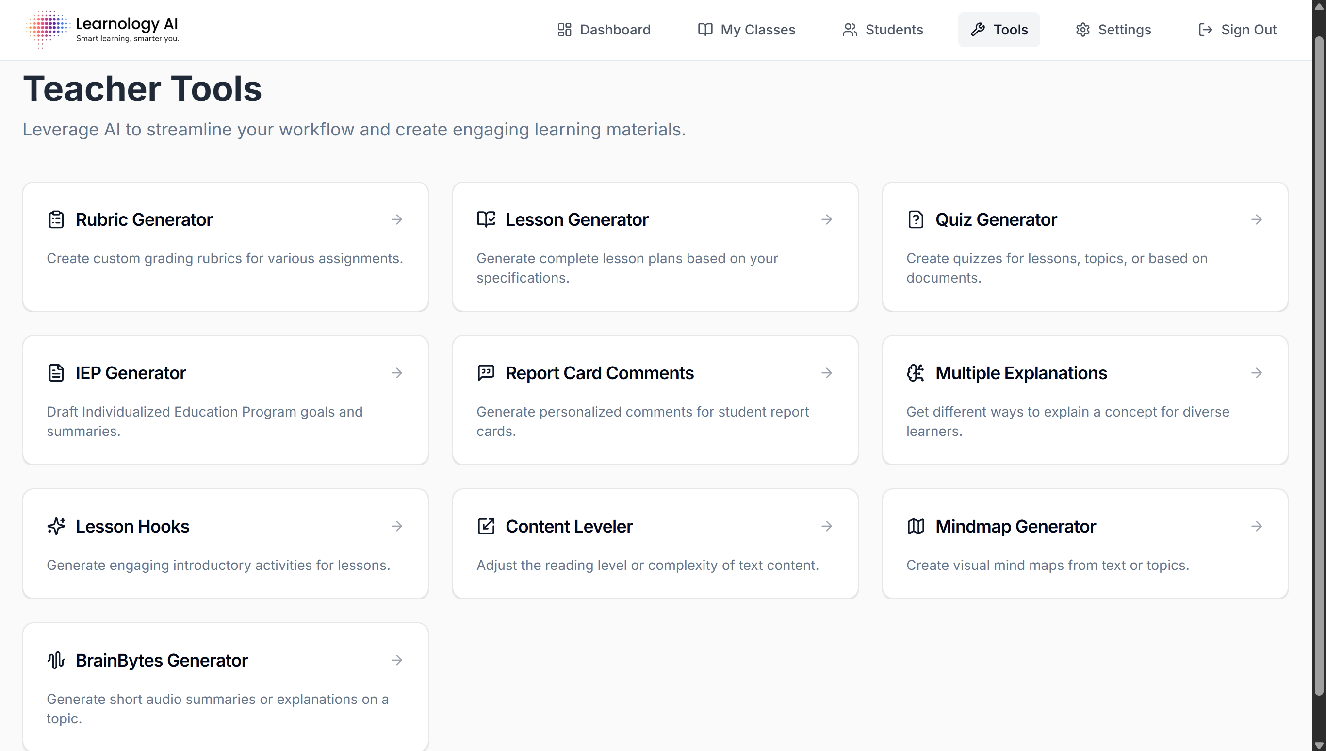 Screenshot of Learnology AI Teacher Tools page